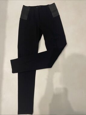Black Women's Slim Ponte Pants with Faux-Leather Waist Panels